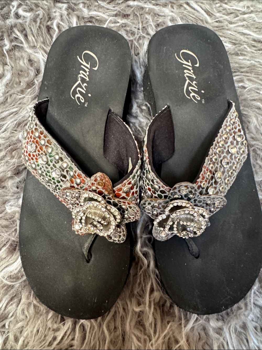 Grazie Platform Black Flip Sandals-Metallic Multicolor RhinestoneStudded Accents